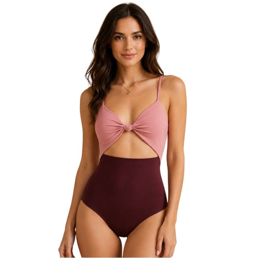 Visual Mood EVERLY Open-Front One Piece Swimsuit Pink Burgundy Colorblock XS
